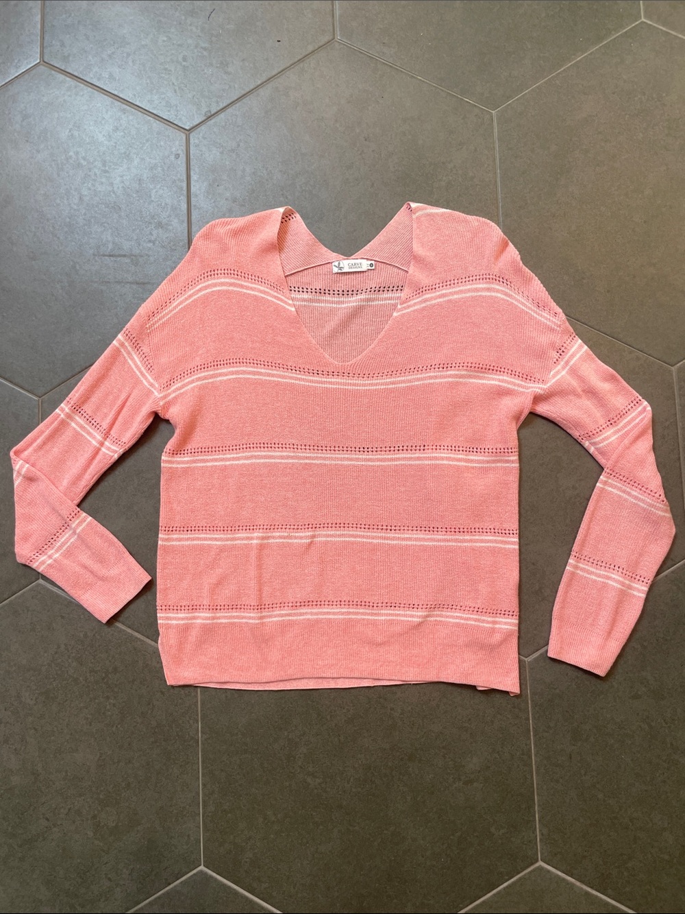 Carve Designs Coral Pink V-Neck Lightweight Stripe Sweater S